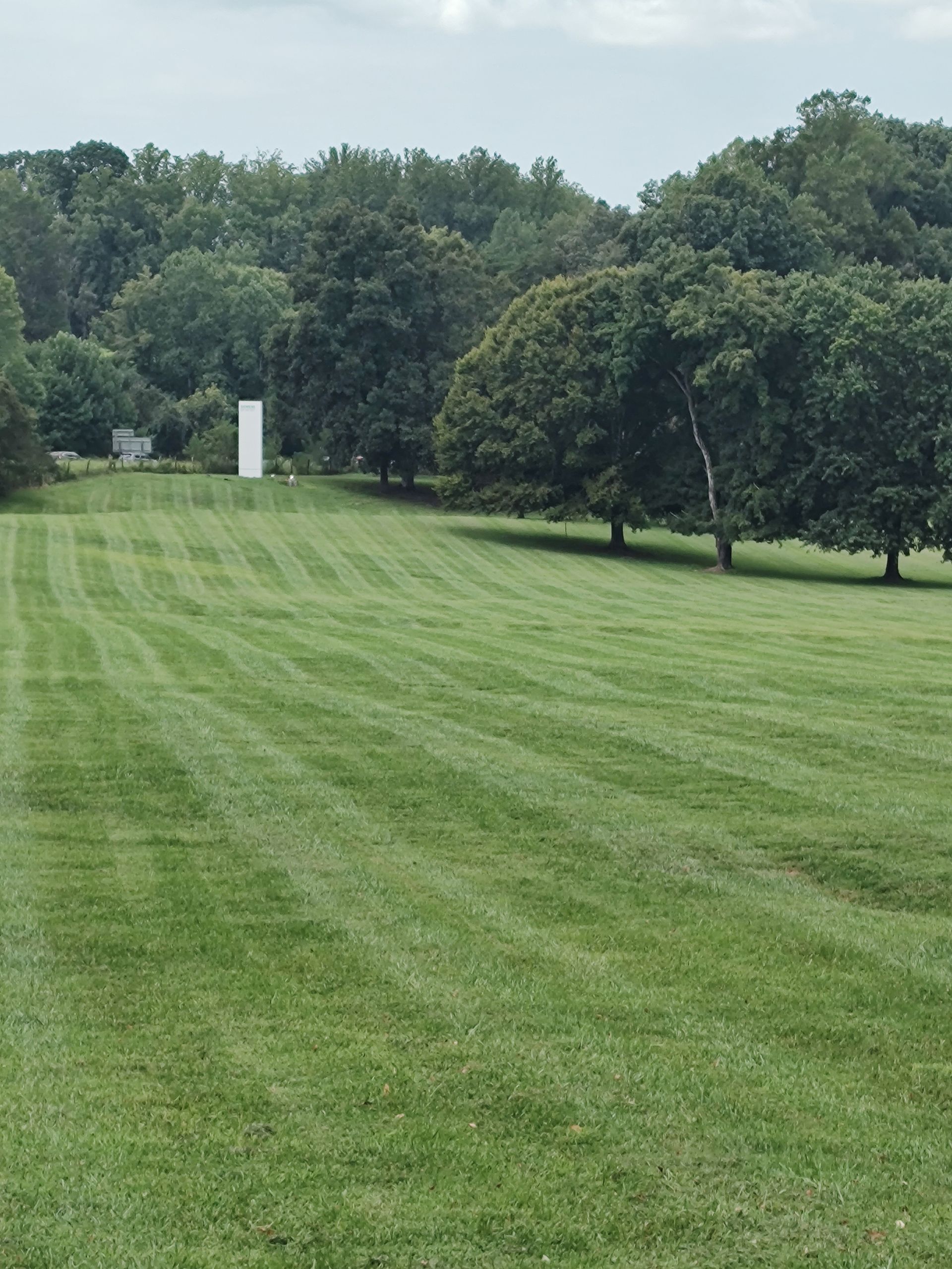 Mowed grassy field leading to trees under an overcast sky, with a white sign in the distance