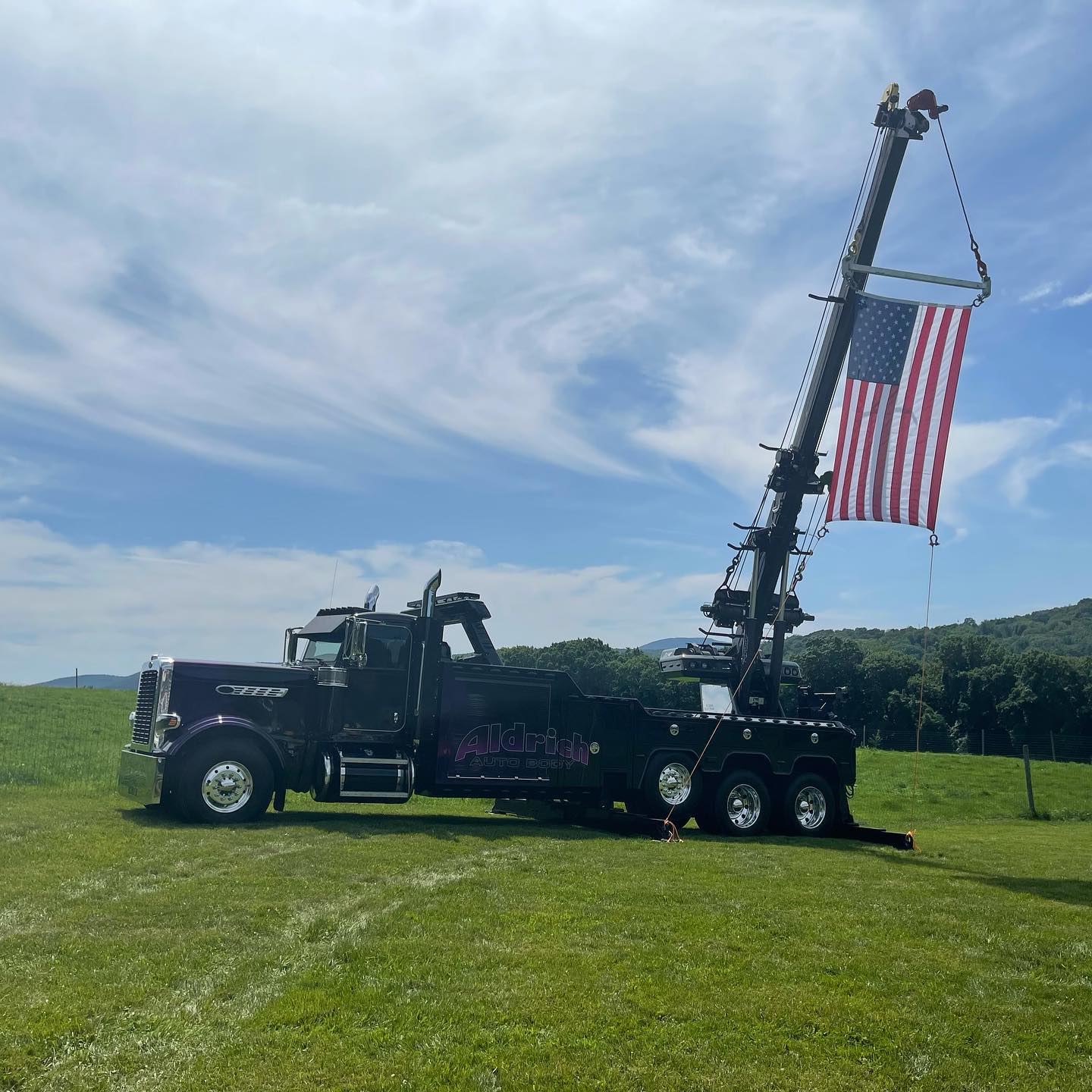 Towing truck with American flag