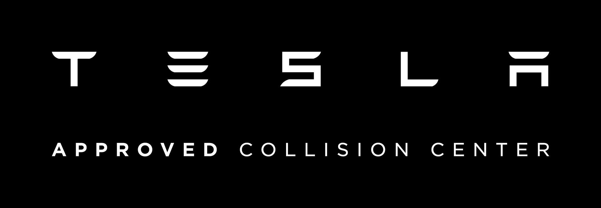 A tesla approved collision center logo on a black background