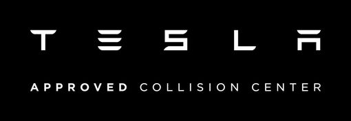 A tesla approved collision center logo on a black background