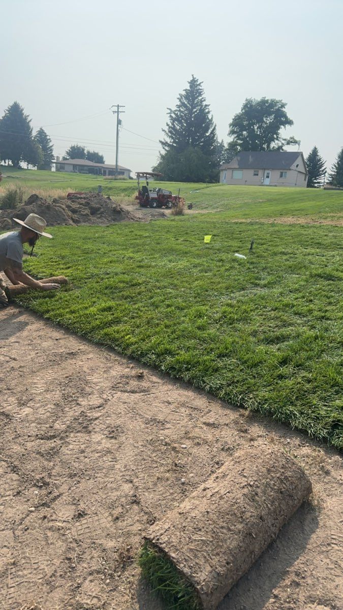 Workers laying sod on a grassy field beside a dirt path in a park-like area