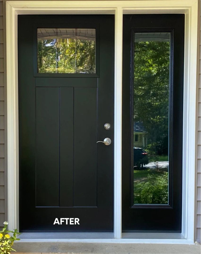 Black front door with narrow sidelight, labeled “AFTER,” in a house entryway.