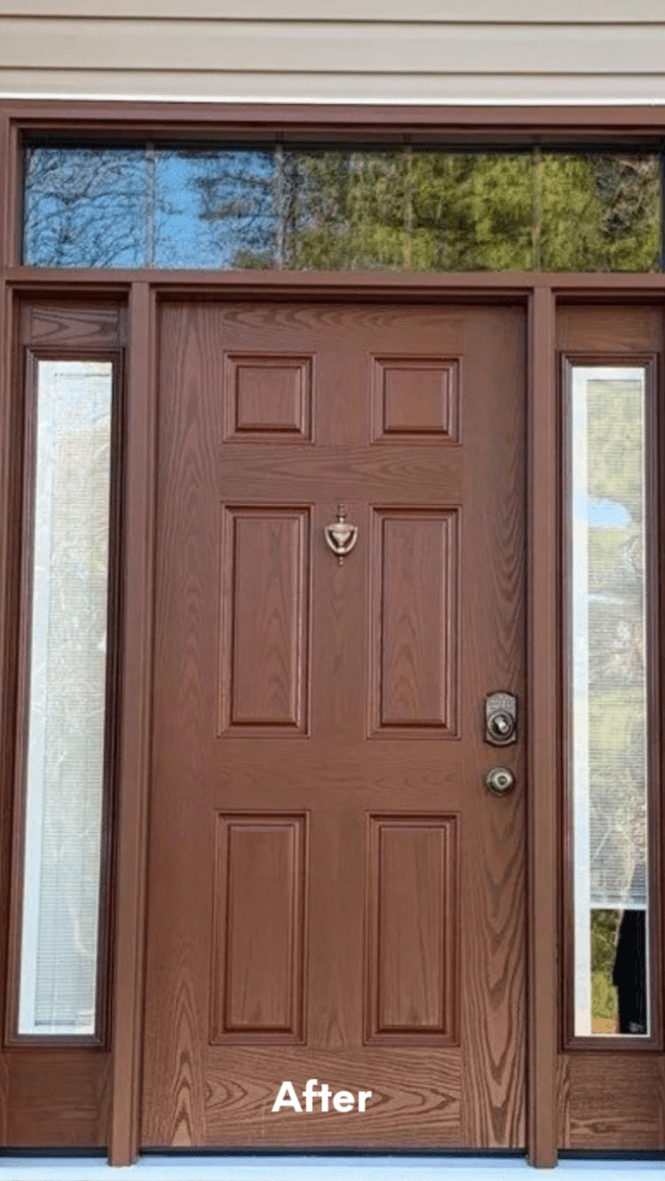 Brown front door with sidelights and transom window, labeled “After”