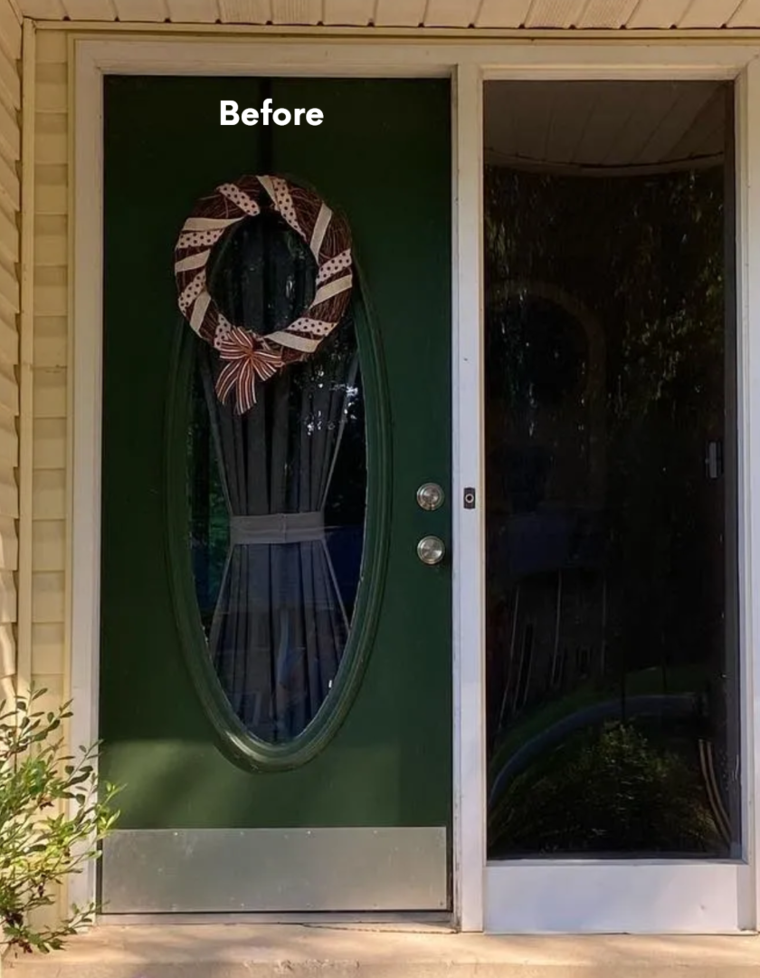 Green front door with wreath beside a dark storm door, labeled “Before.”