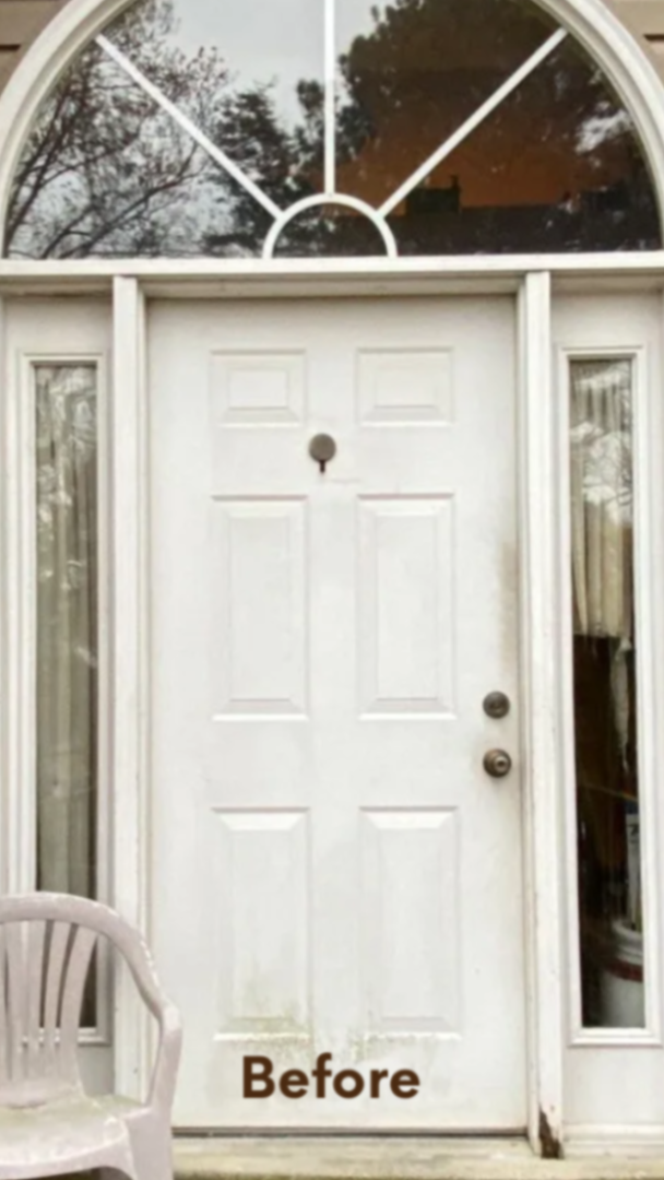 White front door with sidelights and arched window, labeled 
