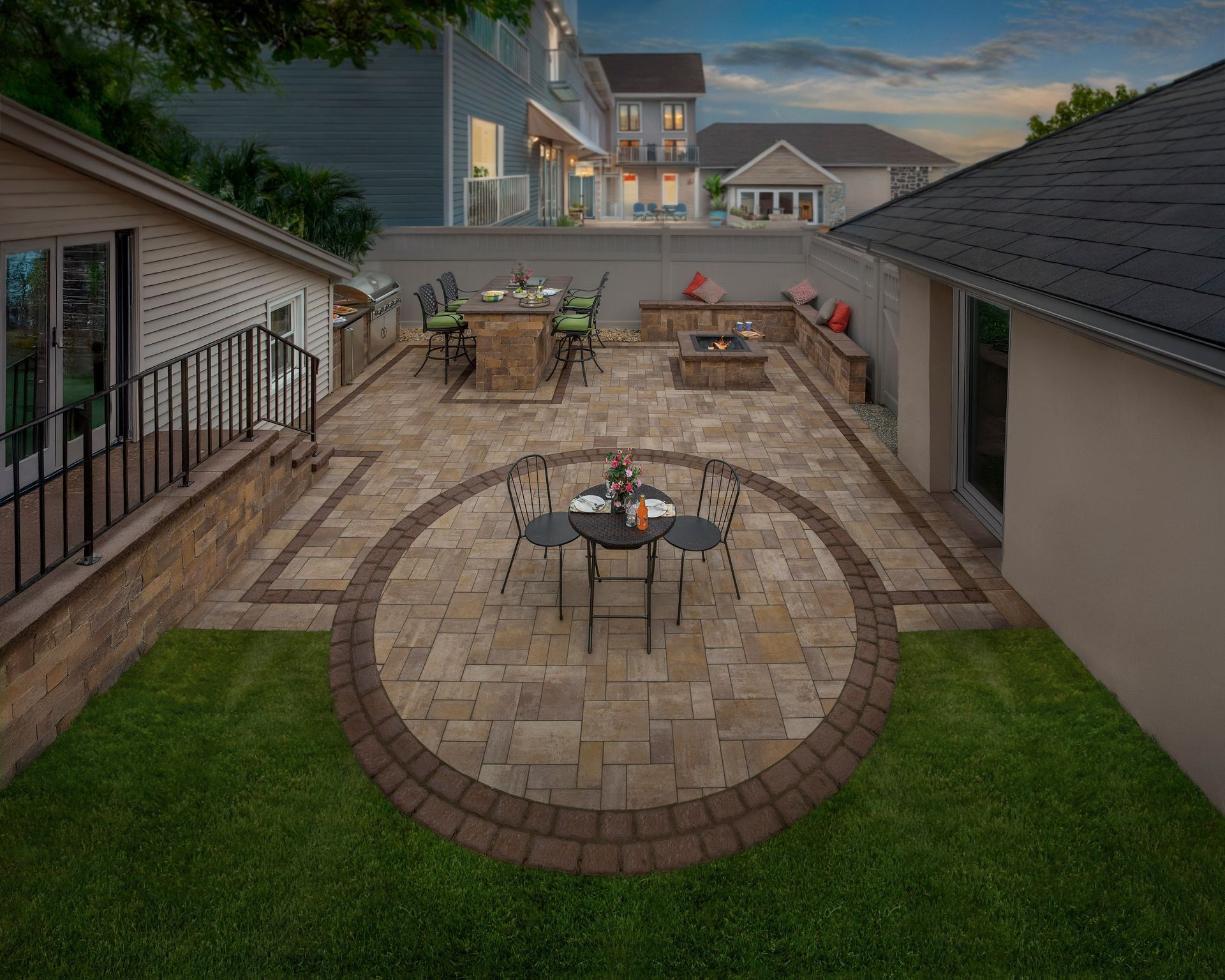 Backyard patio with circular stone fire pit, outdoor seating, and neighboring houses at dusk