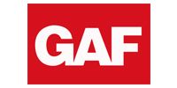 White GAF letters on a red rectangular background.