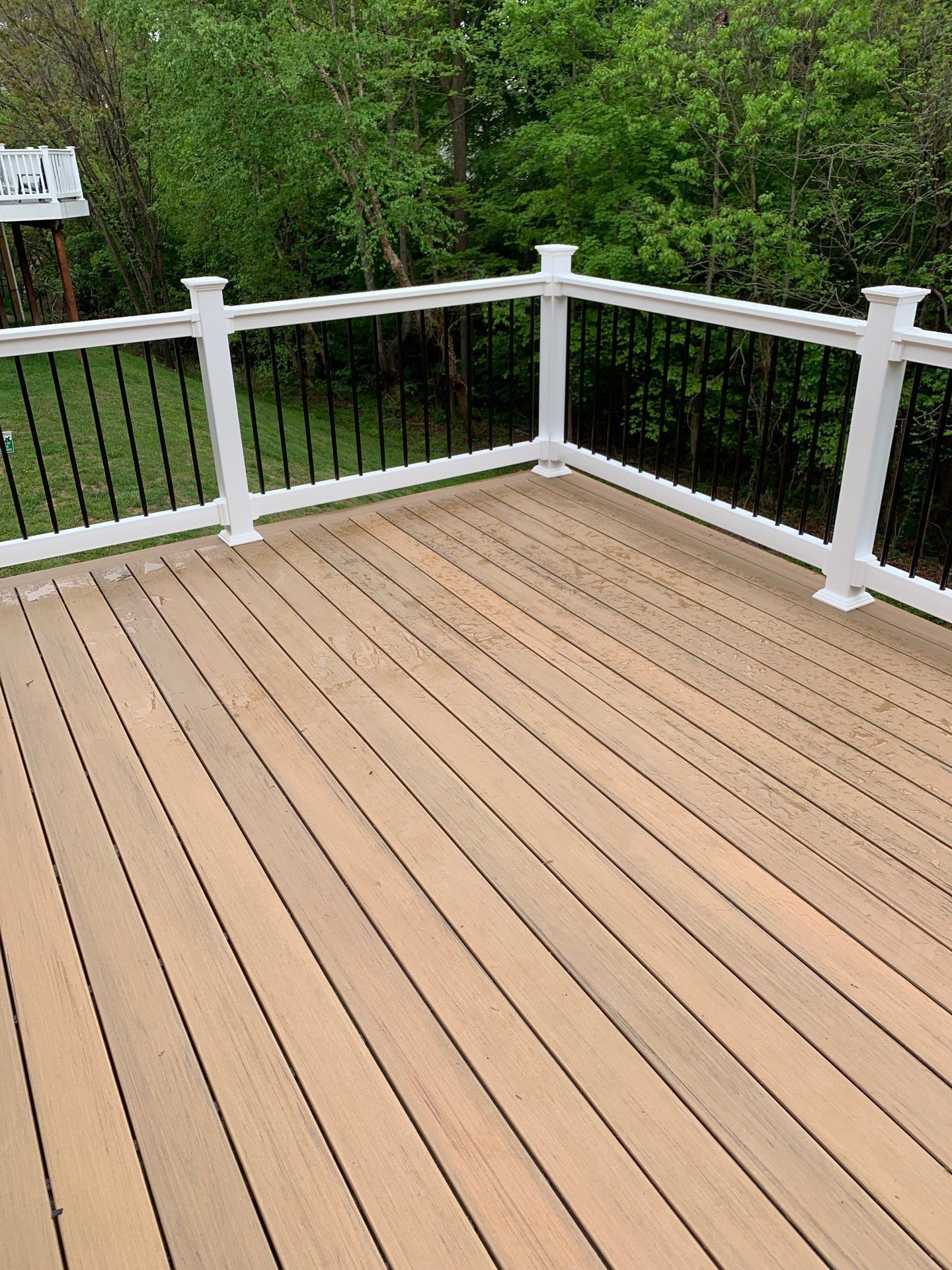Wooden deck with white railing overlooking green trees.