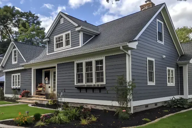 Gray farmhouse-style house with white trim, black roof, and a small front porch amid landscaped yard