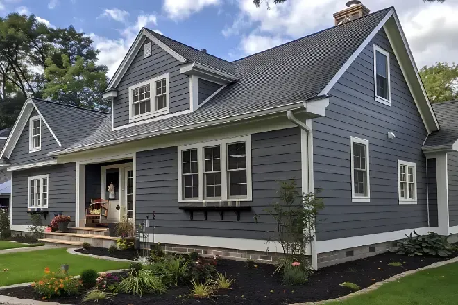 Gray house with white trim and dormers, featuring a front porch, landscaped lawn, and cloudy sky.