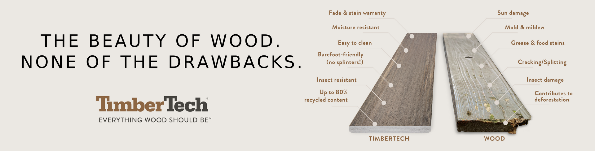 TimberTech deck board ad with wood-grain samples and the slogan, The beauty of wood. None of the drawbacks.
