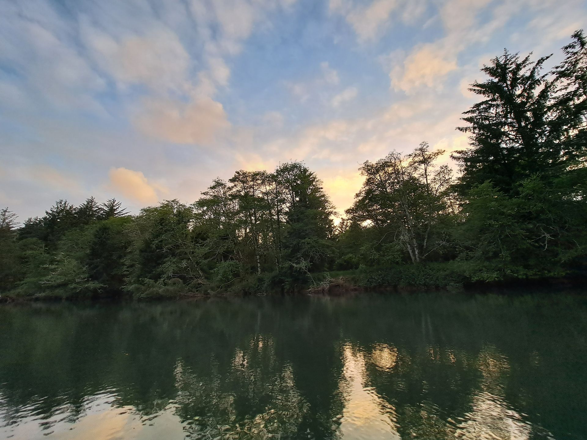 A lake with trees on the shore and a sunset in the background.