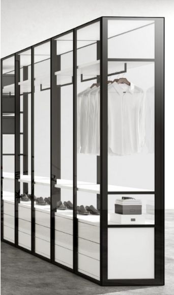 A modern, minimalist modular closet system with black frames, glass doors, hanging racks, drawers, and shelving.