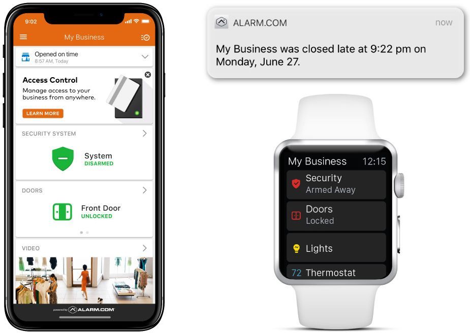 A smart watch is sitting next to a smart phone.