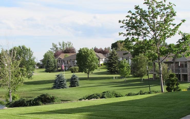 Grassy park with trees, shrubs, and houses in the background under a partly cloudy sky