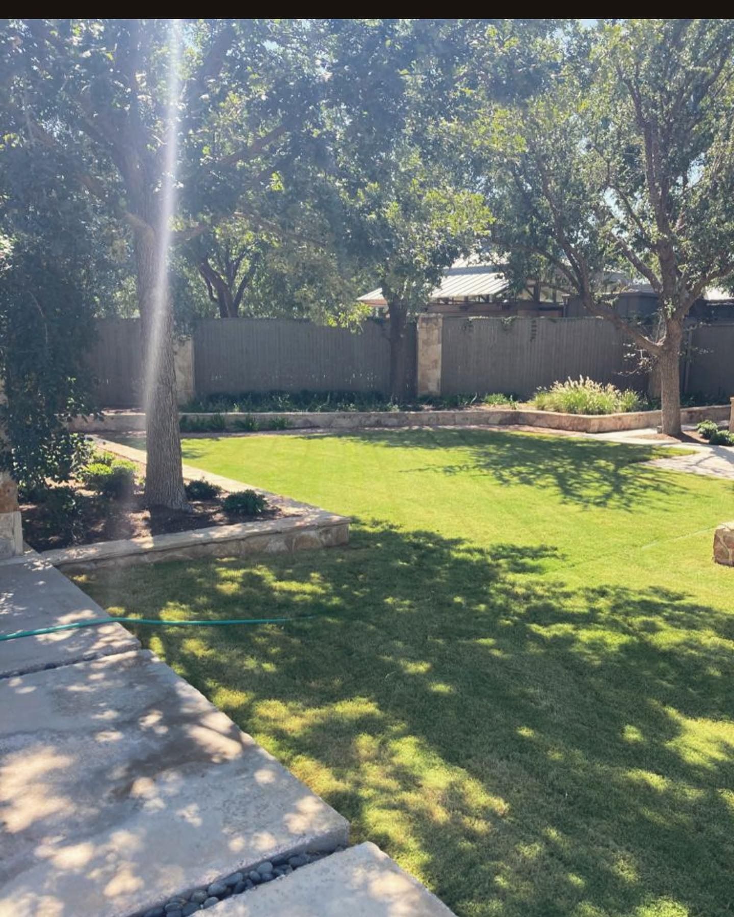Sunny backyard with green lawn, trees, stone walkway, and a tall beam of sunlight on the left