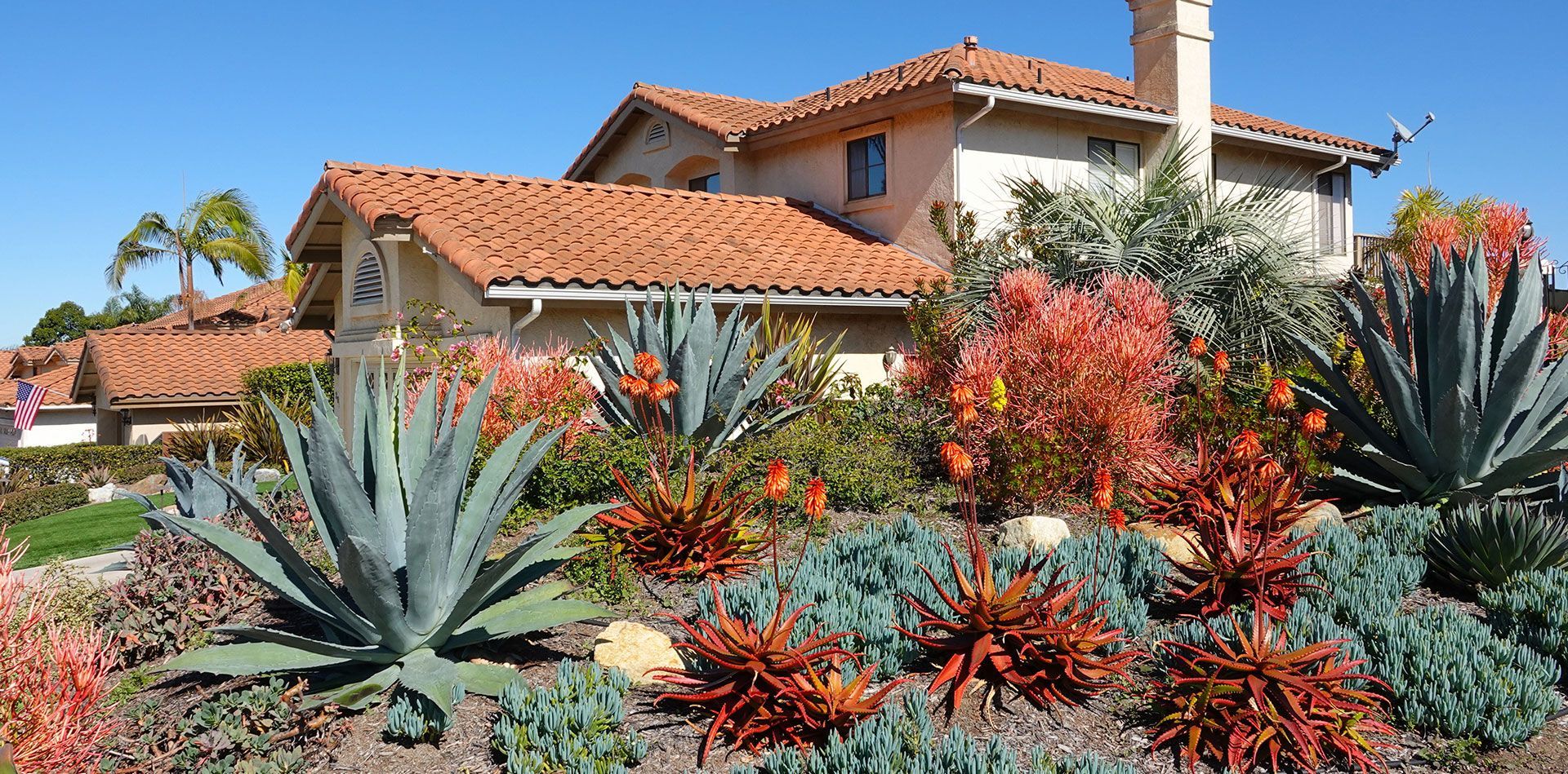 Desert-style house with red tile roof and agave and colorful succulents in the front yard
