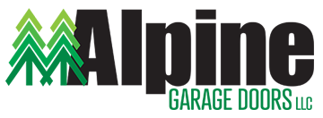 Logo of Alpine Garage Doors LLC, featuring green trees and black text.