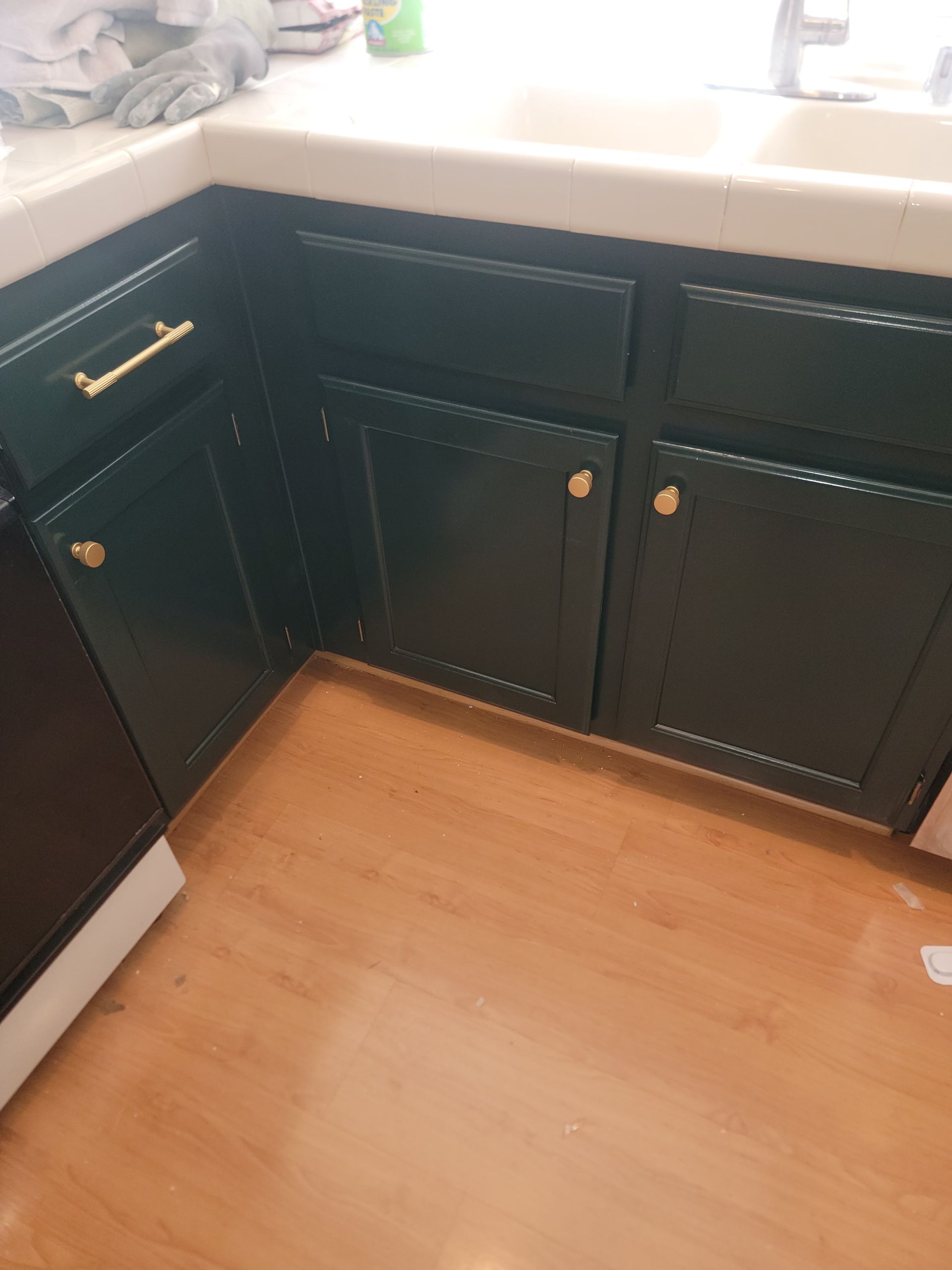 Dark green kitchen cabinets with gold hardware, light countertop, and light brown floor.