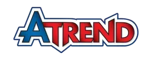Logo for ATREND. The word ATREND is red and blue, outlined in white with a light blue border.
