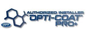 Logo for Opti-Coat Pro+ Authorized Installer. Blue and white. Contains chemical structure icon and text.