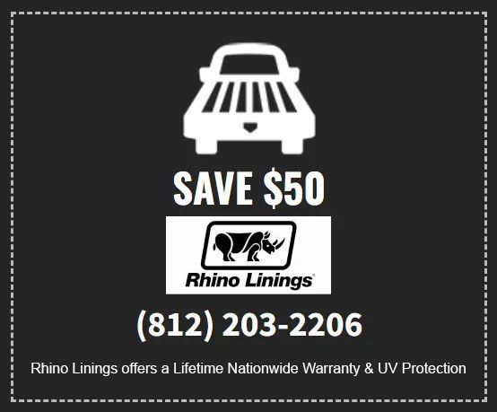Black coupon: Car icon, save $50, Rhino Linings logo, and phone number (812) 203-2206.