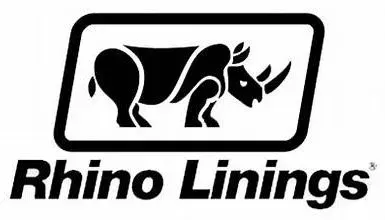 Black and white Rhino Linings logo: rhinoceros inside a rectangle, company name below.