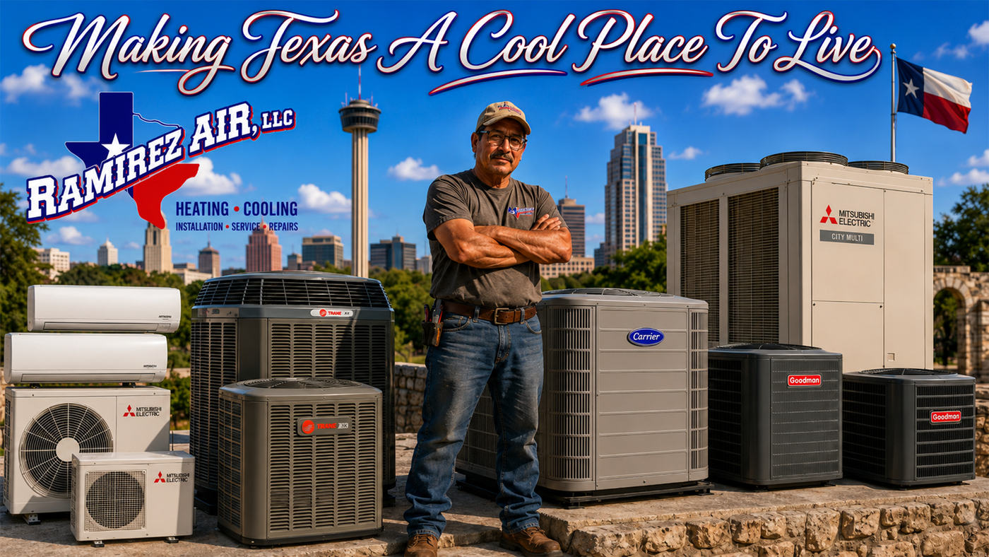 Ramirez A/C technician stands by air conditioners under “Making Texas a Cool Place To Live” banner.