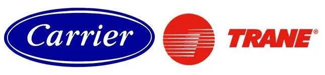Carrier and Trane logos on a white background, blue and red branding icons side by side