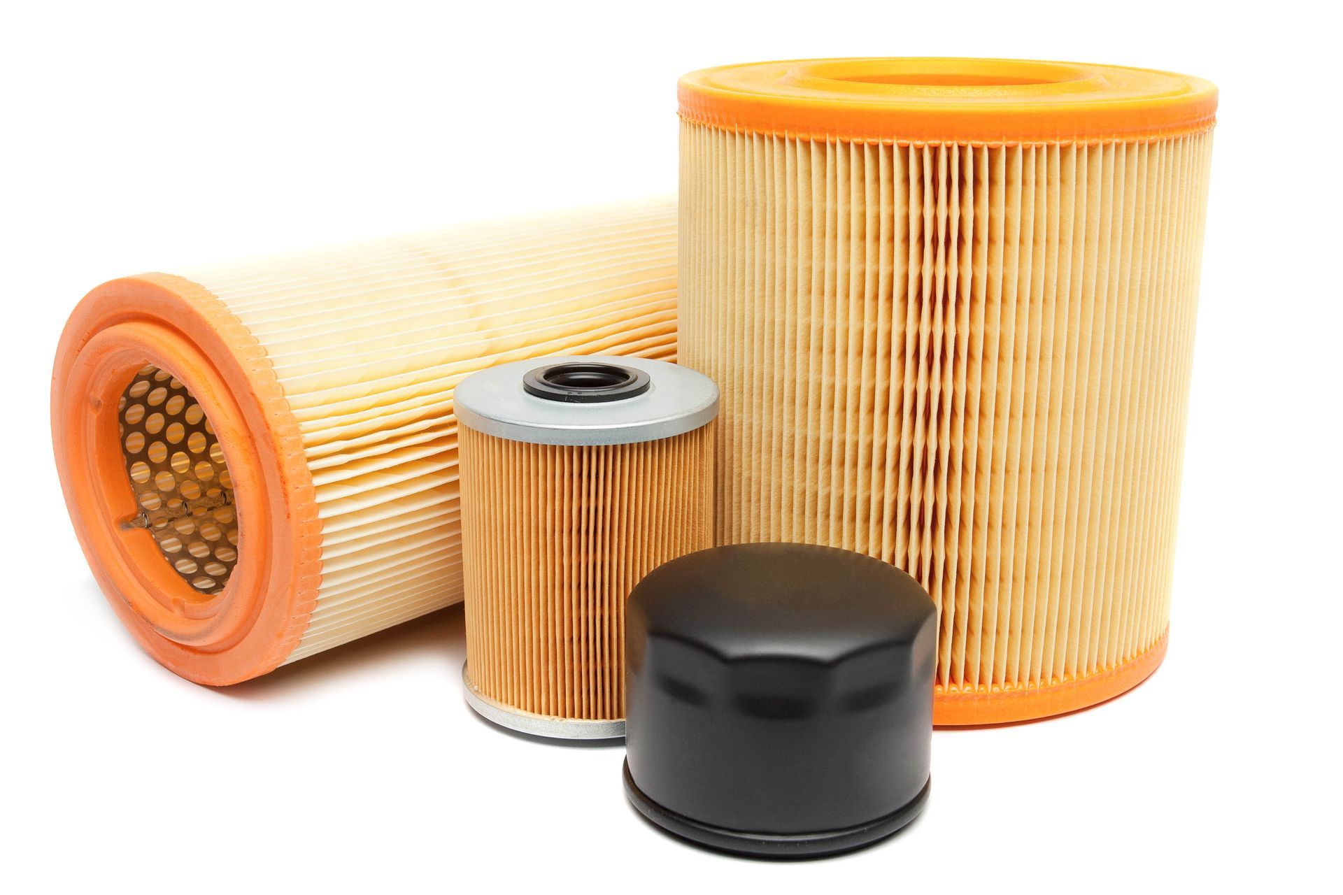 Three automotive oil filters in orange, white, and black on a white background