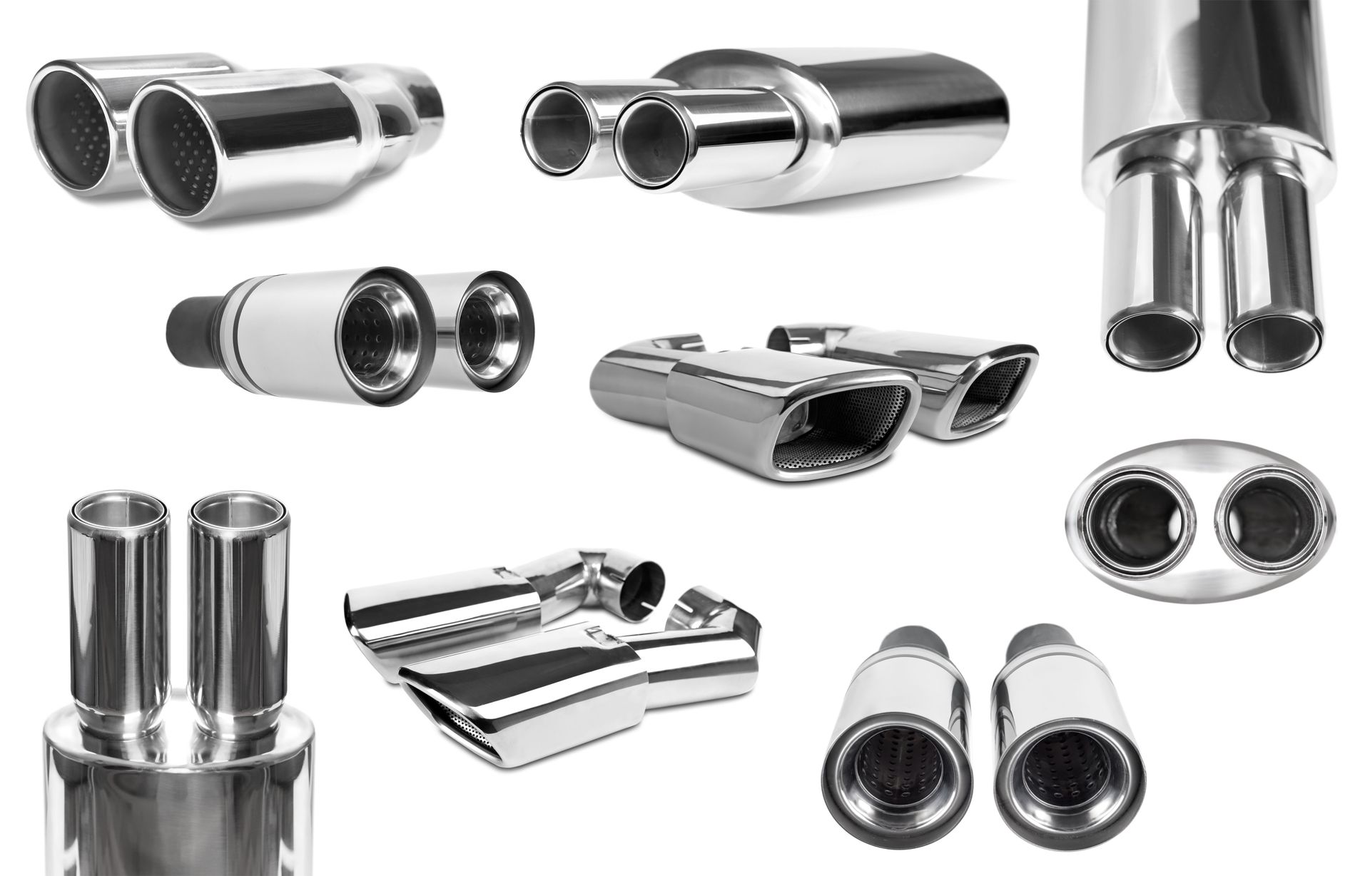 Chrome car exhaust tips arranged on a white background