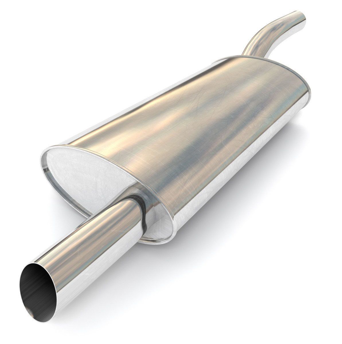 Silver car muffler with tailpipe, isolated on white background
