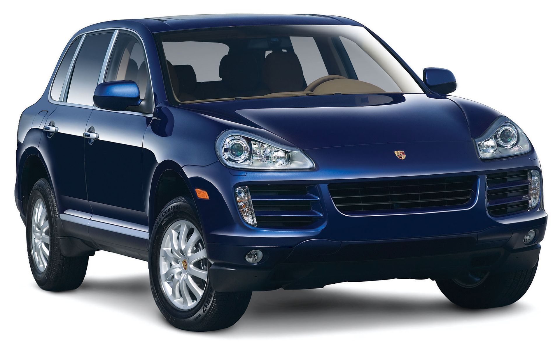 Blue Porsche SUV on a white background, angled front view
