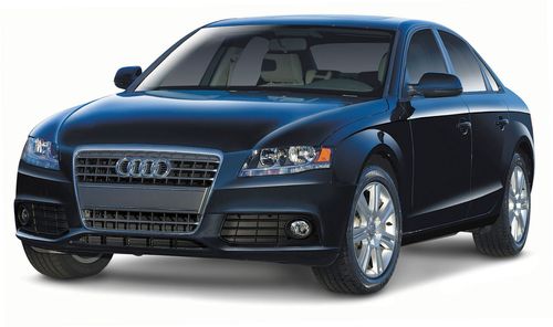 Blue Audi sedan on a white background, front three-quarter view.