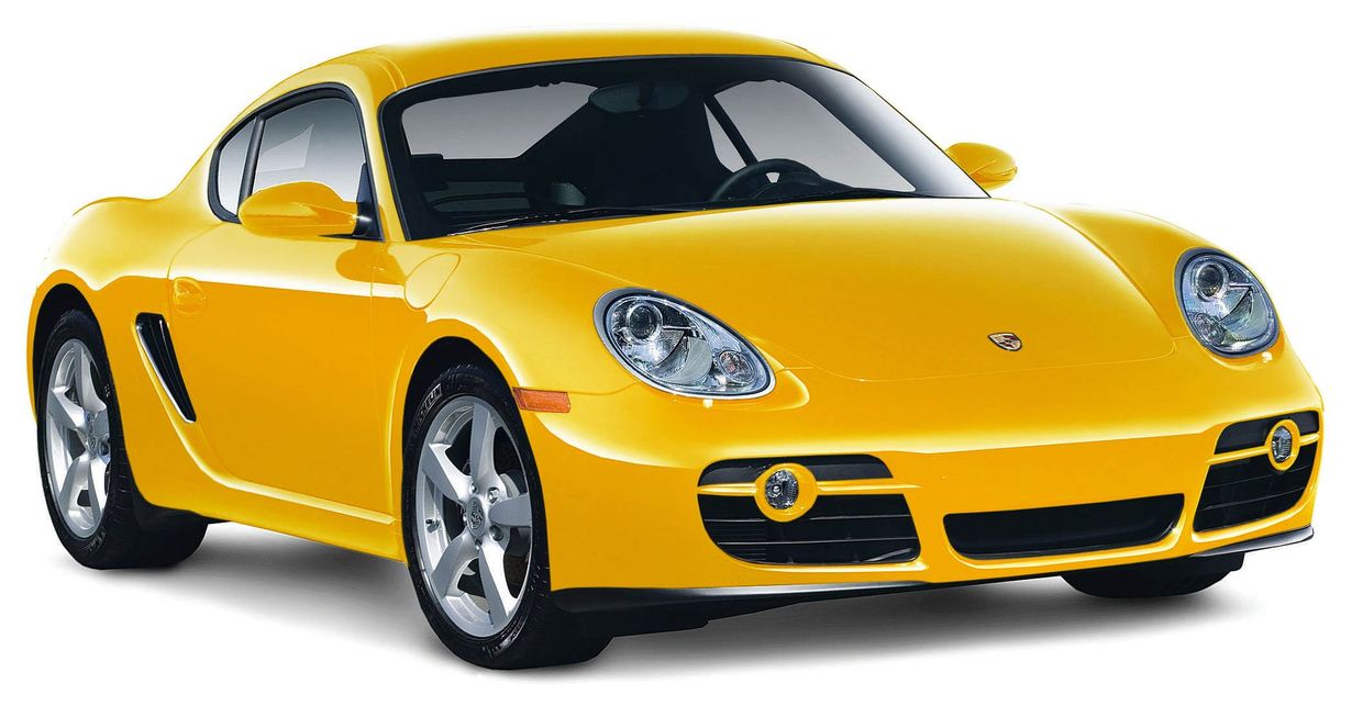 Yellow sports car on a white background, angled front view