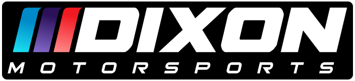 Dixon Motorsports logo with white text and red, blue, and black diagonal stripes on a black background
