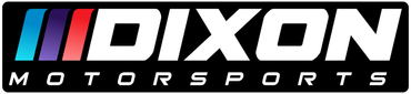 Dixon Motorsports logo with white text and red, blue, and black diagonal stripes on a black background