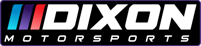 DIXON Motorsports logo with italic white and pink text on a black background