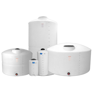 A group of white plastic tanks of different sizes are sitting next to each other on a white background.