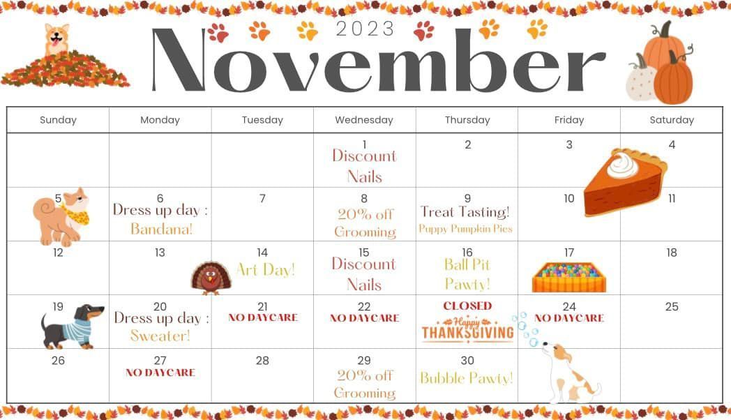 a calendar for the month of november with a pumpkin pie and a squirrel on it