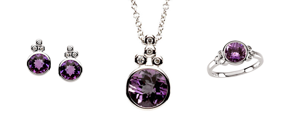 Jewelry set with purple gemstones. Includes earrings, a necklace, and a ring, all set in silver.