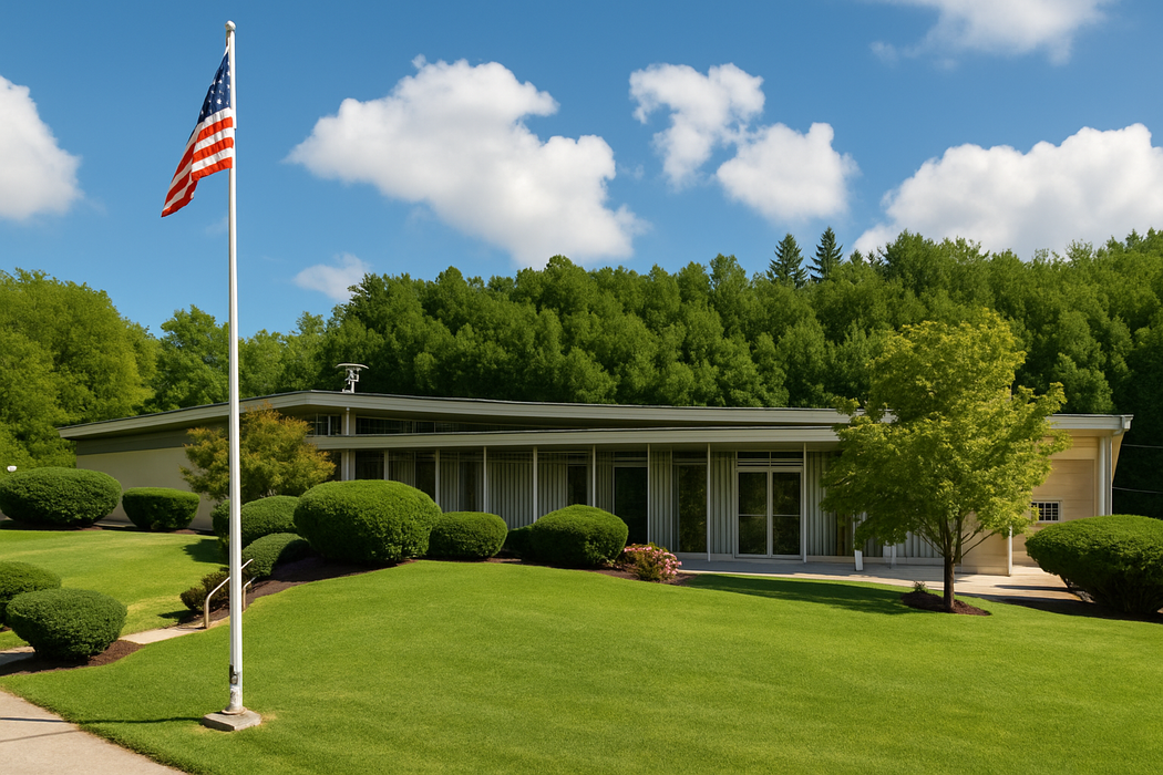 Building with American flag waving on a grassy lawn, trees in background, under blue sky.