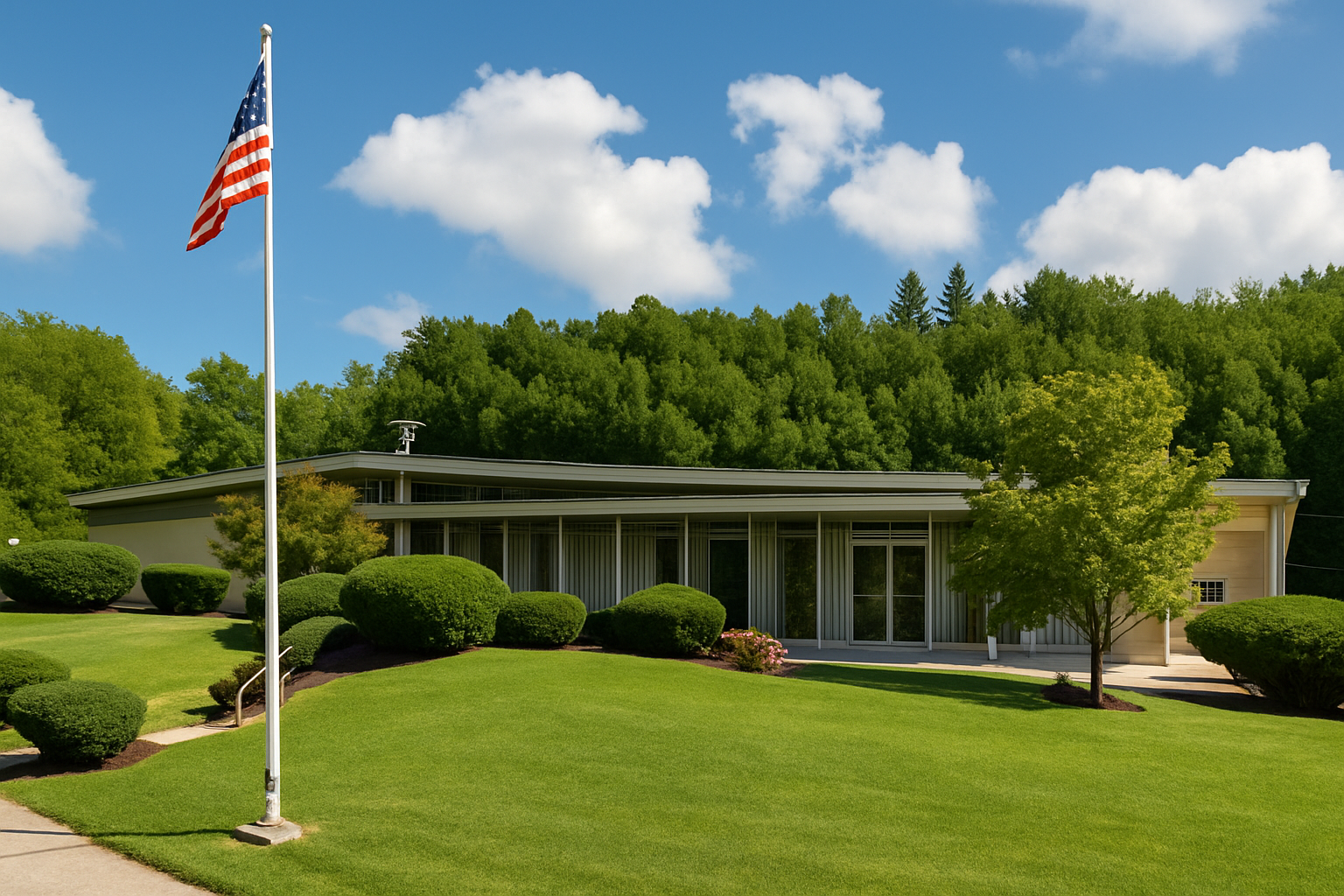 Building with American flag waving on a grassy lawn, trees in background, under blue sky.