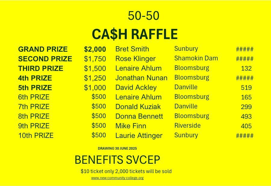 A yellow sign that says 50-50 cash raffle on it