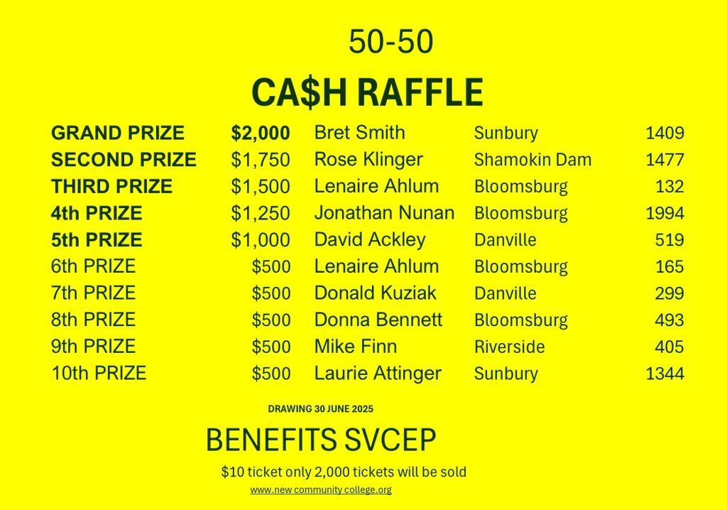 A yellow sign that says 50-50 cash raffle on it