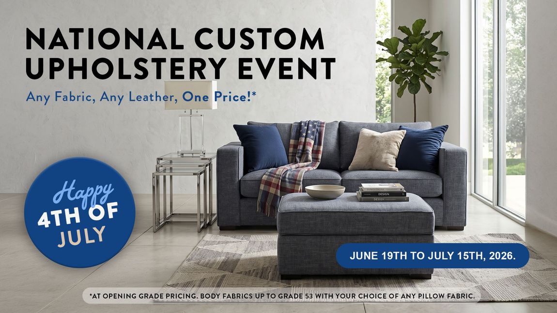 National Custom Upholstery Event ad with blue sofa, chair, and 4th of July sale banner
