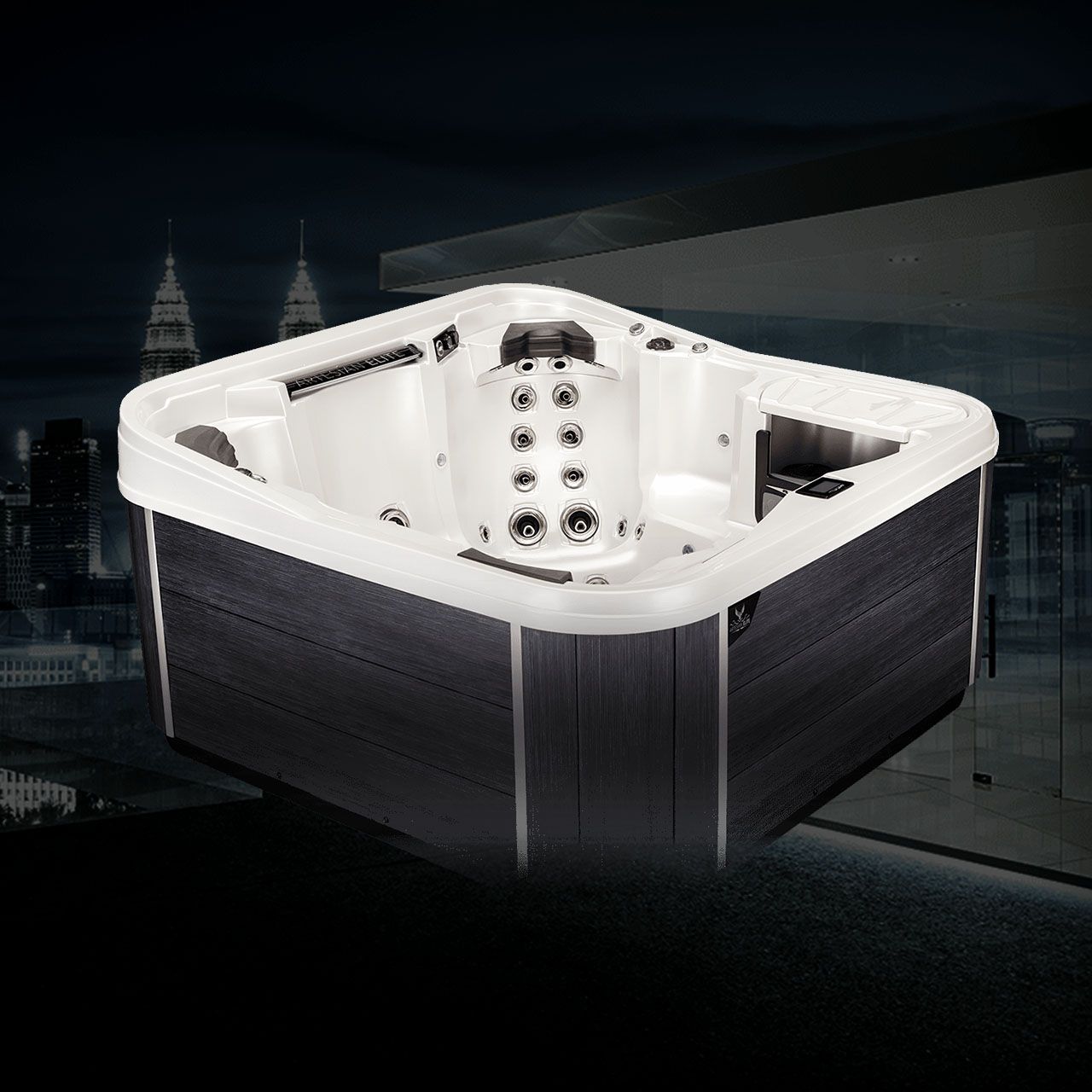 A black and white hot tub with a city in the background