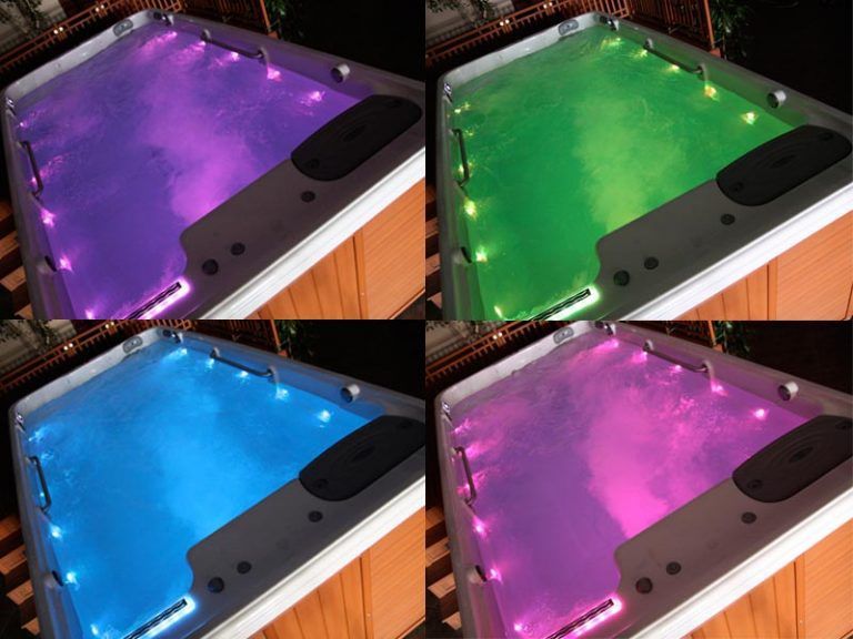 Four pictures of a hot tub with different colors of lights