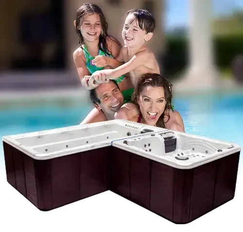 A family is playing in a hot tub next to a swimming pool