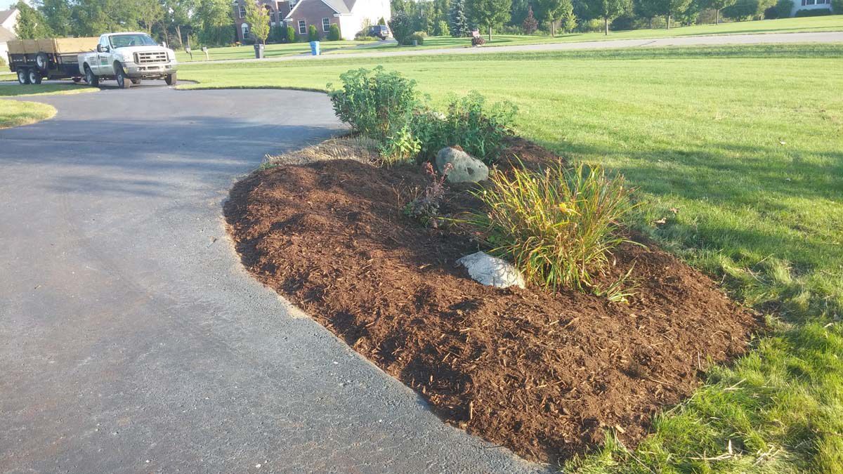 Mulched curved garden bed with shrubs and rocks beside a driveway in a sunny yard